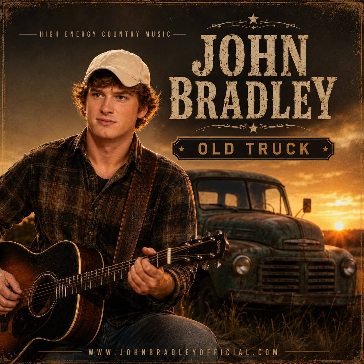 Cover art for the single Old Truck by John Bradley: he sits with an acoustic guitar in a field at sunset beside a rusted vintage pickup.
