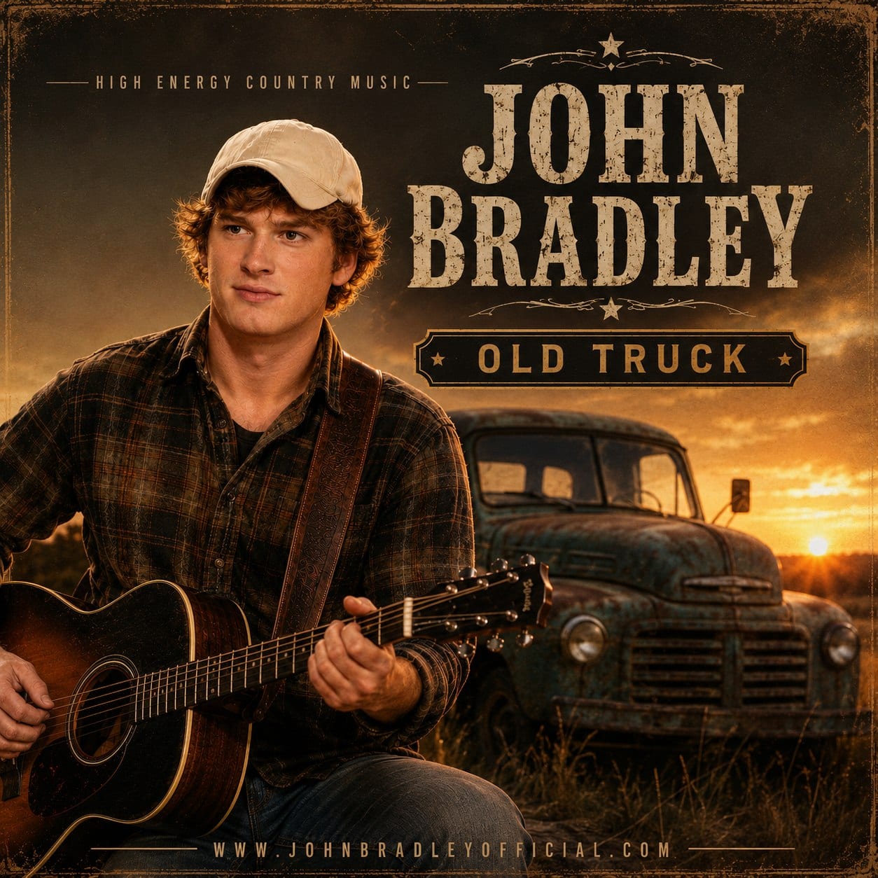 Cover art for the single Old Truck by John Bradley: he sits with an acoustic guitar in a field at sunset beside a rusted vintage pickup.