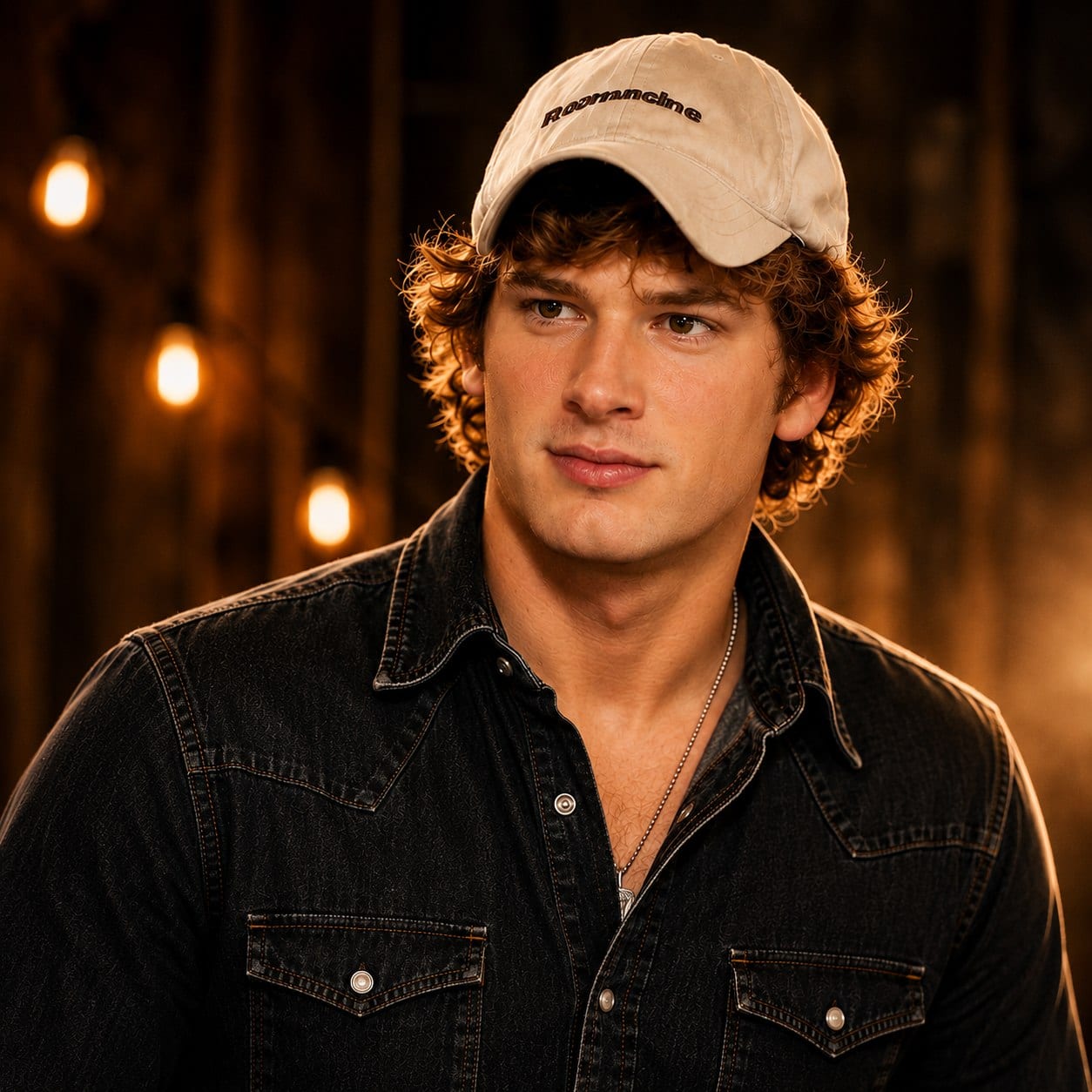 John Bradley in a black denim shirt and pale ball cap, lit by warm string lights against weathered wood.